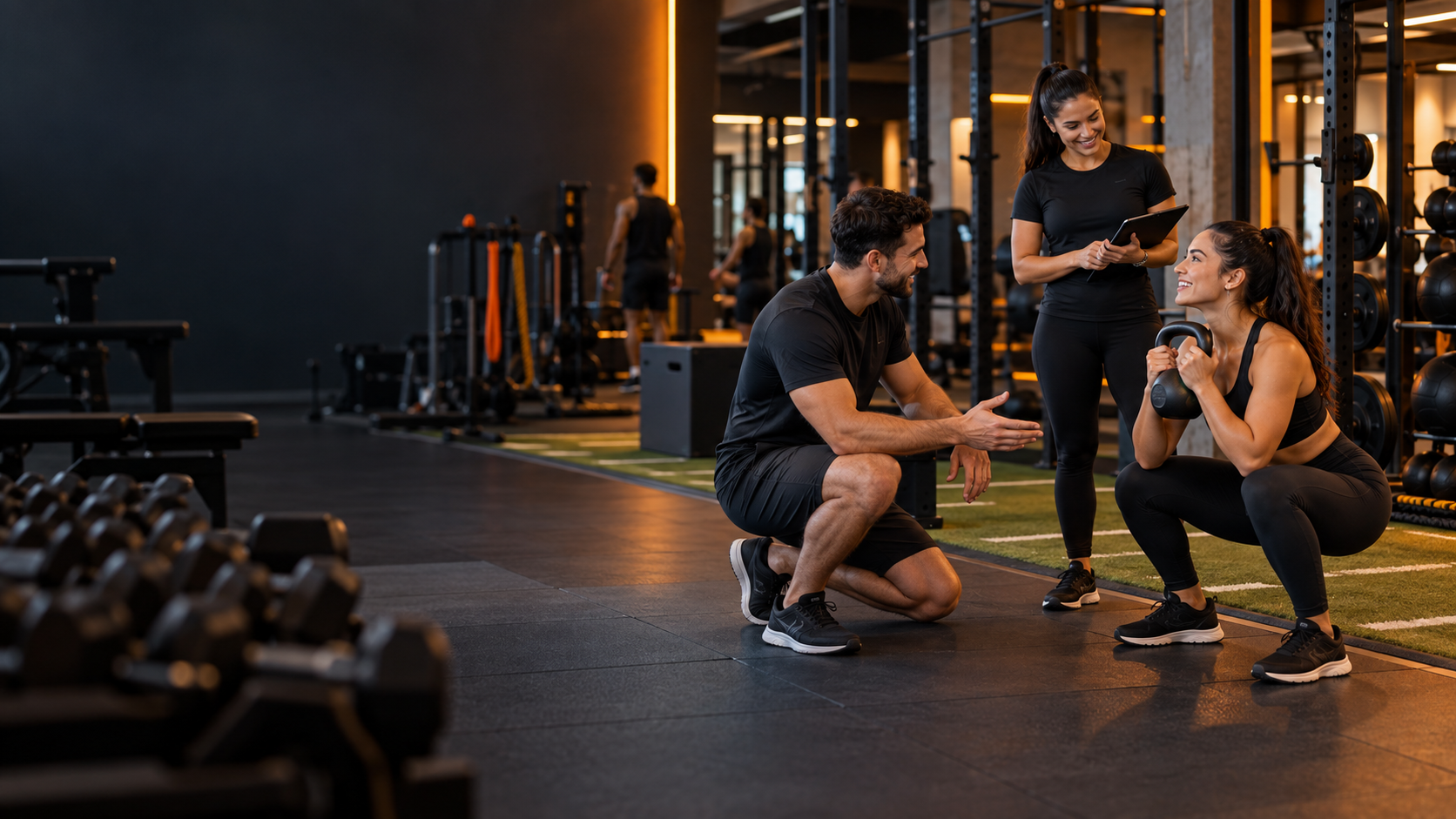 Profissionais acompanhando um treino em uma academia